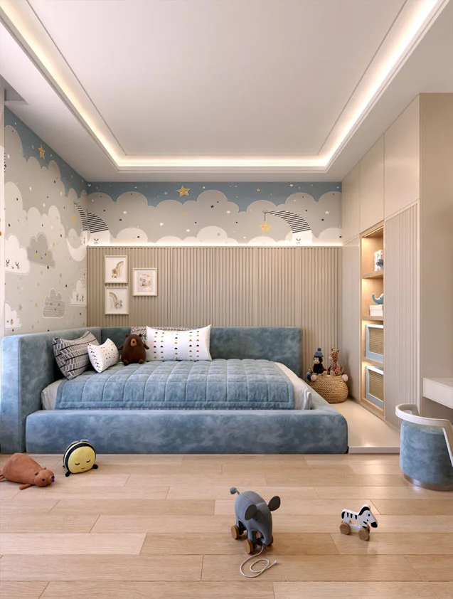 Elegant living room with blue ottoman