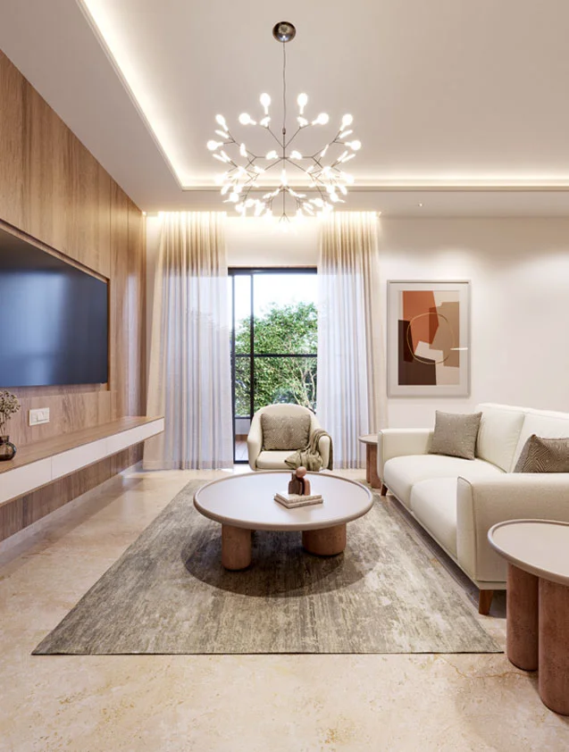Living room with orange sofa and wooden partition